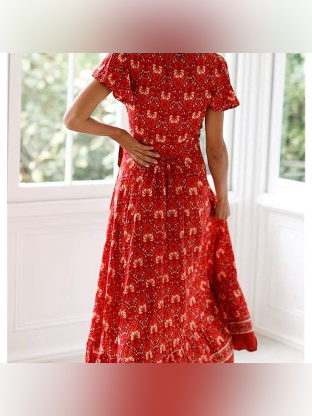 Boho Red Floral V-Neck Wrap Maxi Dress with Slit M - Picture 3 of 11